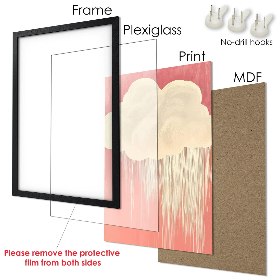 Framed Poster featuring abstract cloud art in a soft pink and cream palette. Perfect wall decor!