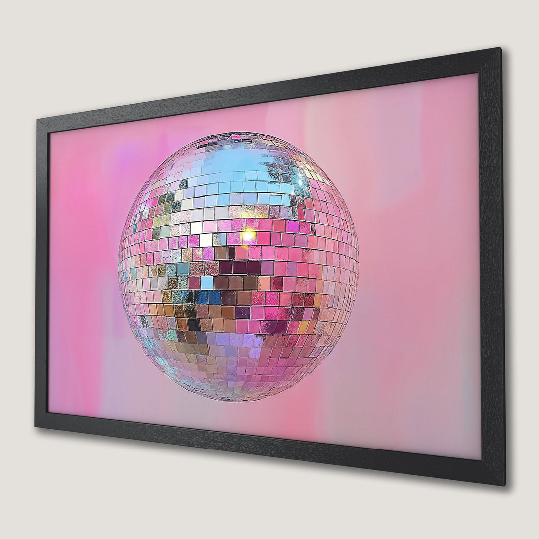 Framed Poster featuring a disco ball against a pink background. Modern art style with a vibrant, colorful palette. Perfect wall decor!