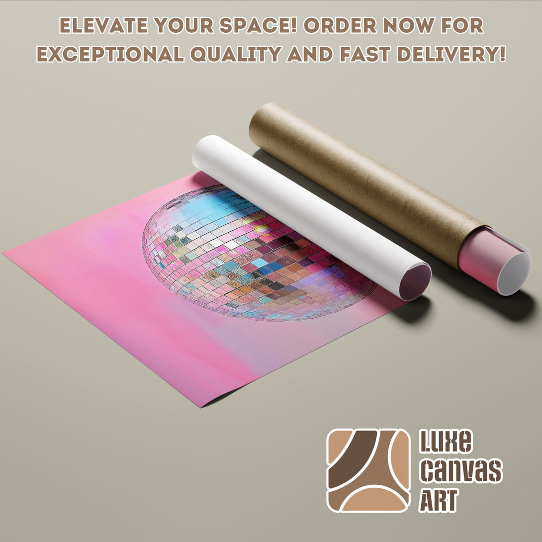 Disco ball poster roll with pink and pastel color palette. Elevate your space with this unique Poster!