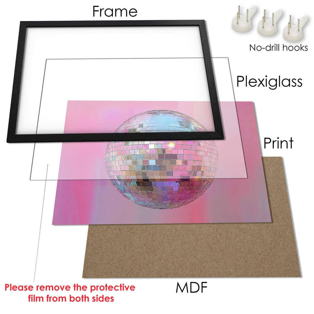 Framed Poster featuring a disco ball design in a vibrant pink and silver color palette. Modern art for your wall!