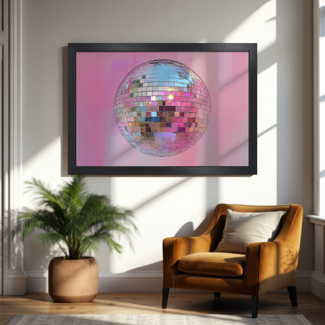 Framed Poster featuring a disco ball in a pink and blue color palette. Modern art style, perfect for home decor.