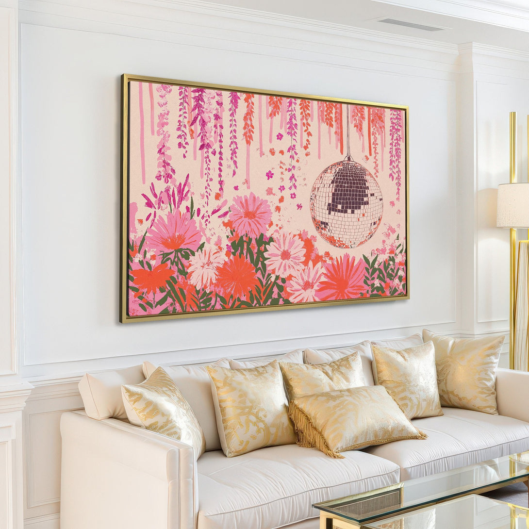 Canvas Print featuring a vibrant floral and disco ball design in a pink and orange palette, perfect for stylish home decor.