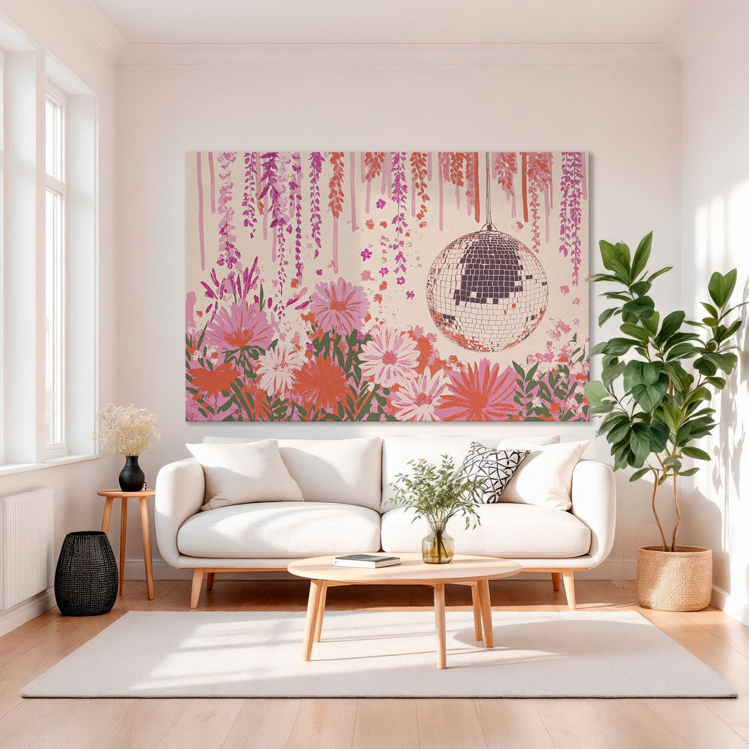 Framed Wall Art: Floral disco ball print with pink, orange, and green hues. Modern art for living room decor.