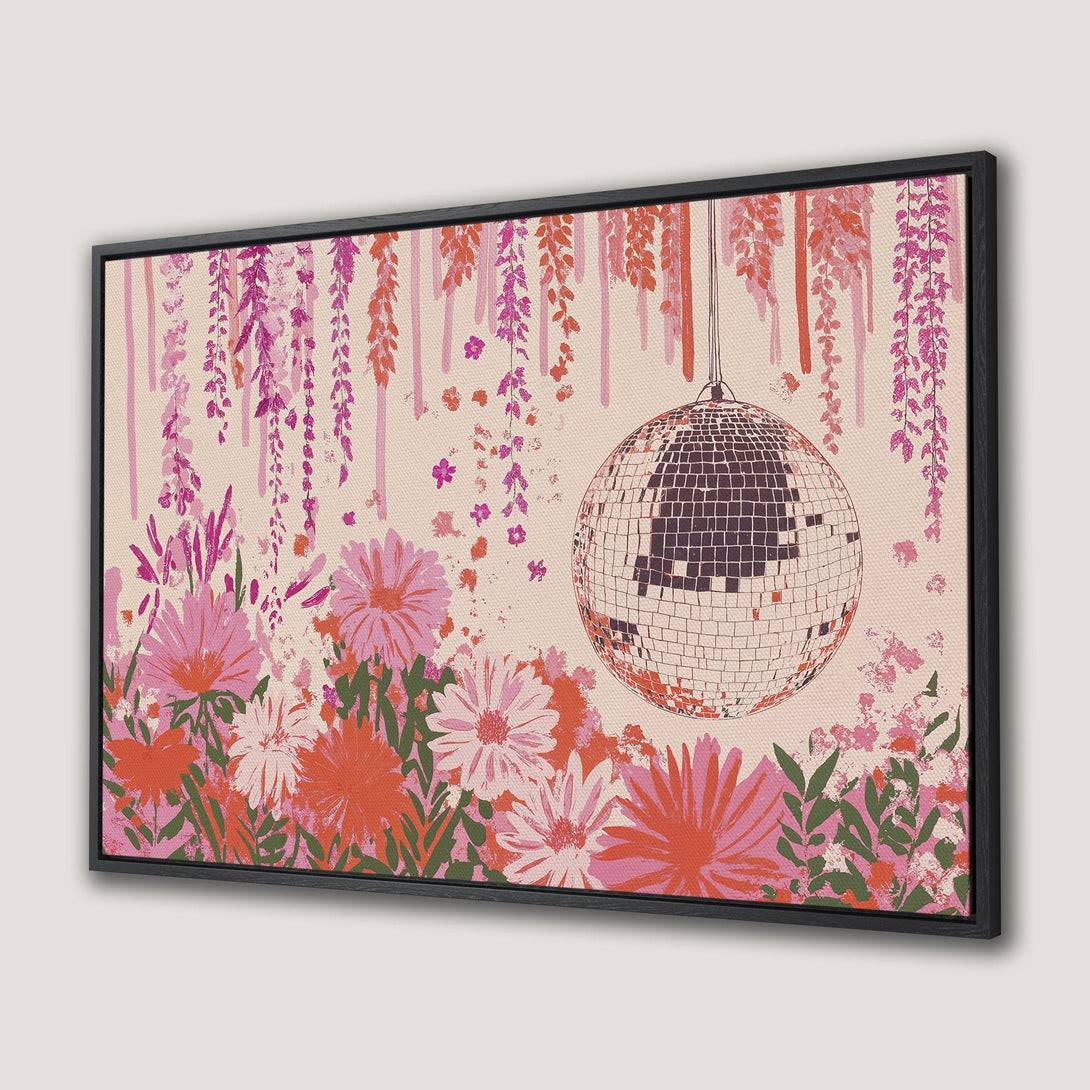 Framed Wall Art featuring a floral disco scene in pink and coral tones. Perfect for adding a pop of retro style to your home decor.