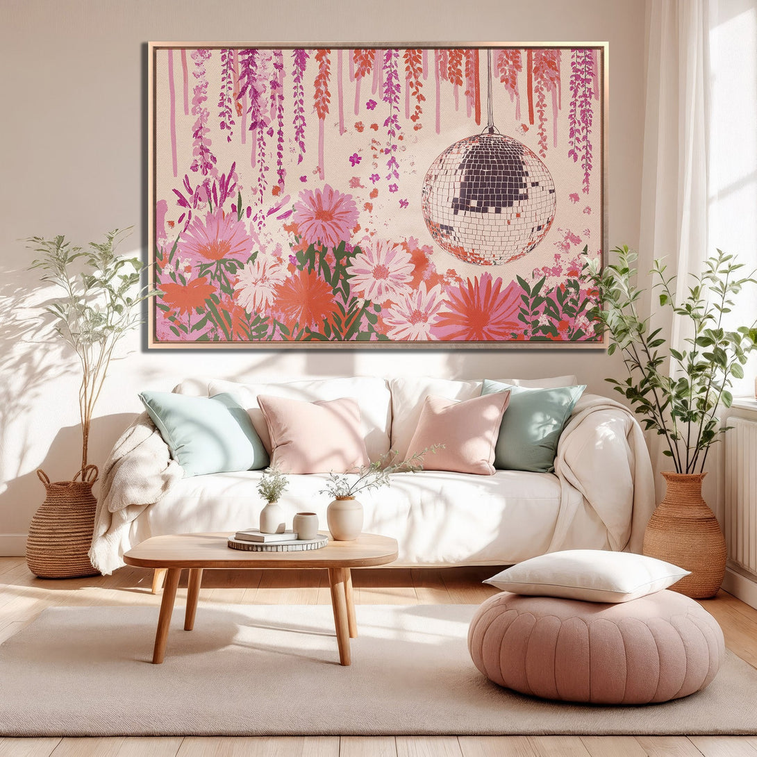 Framed Wall Art: Floral disco ball print in pink and orange, perfect for adding a pop of color to your living room.