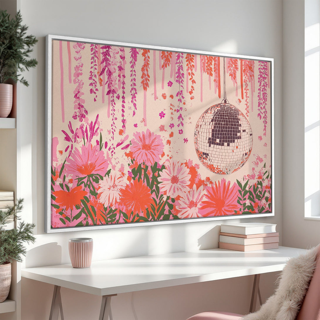 Framed Wall Art featuring a floral disco ball design in a vibrant pink, orange, and green color palette. Perfect for adding a pop of color!