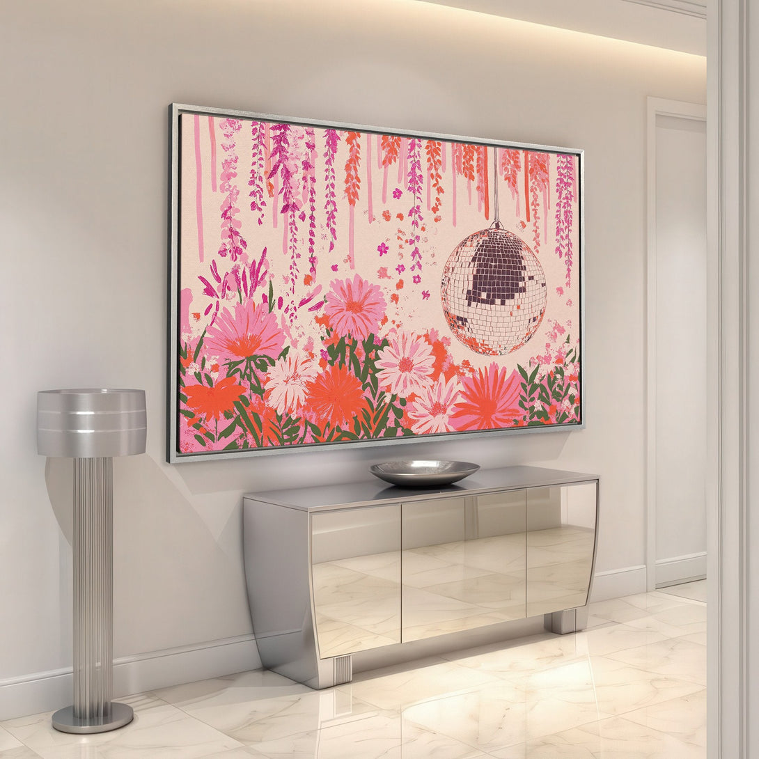 Framed Wall Art: Floral & disco ball print in pink & orange. Modern style canvas print adds a pop of color to any interior. Shop now!