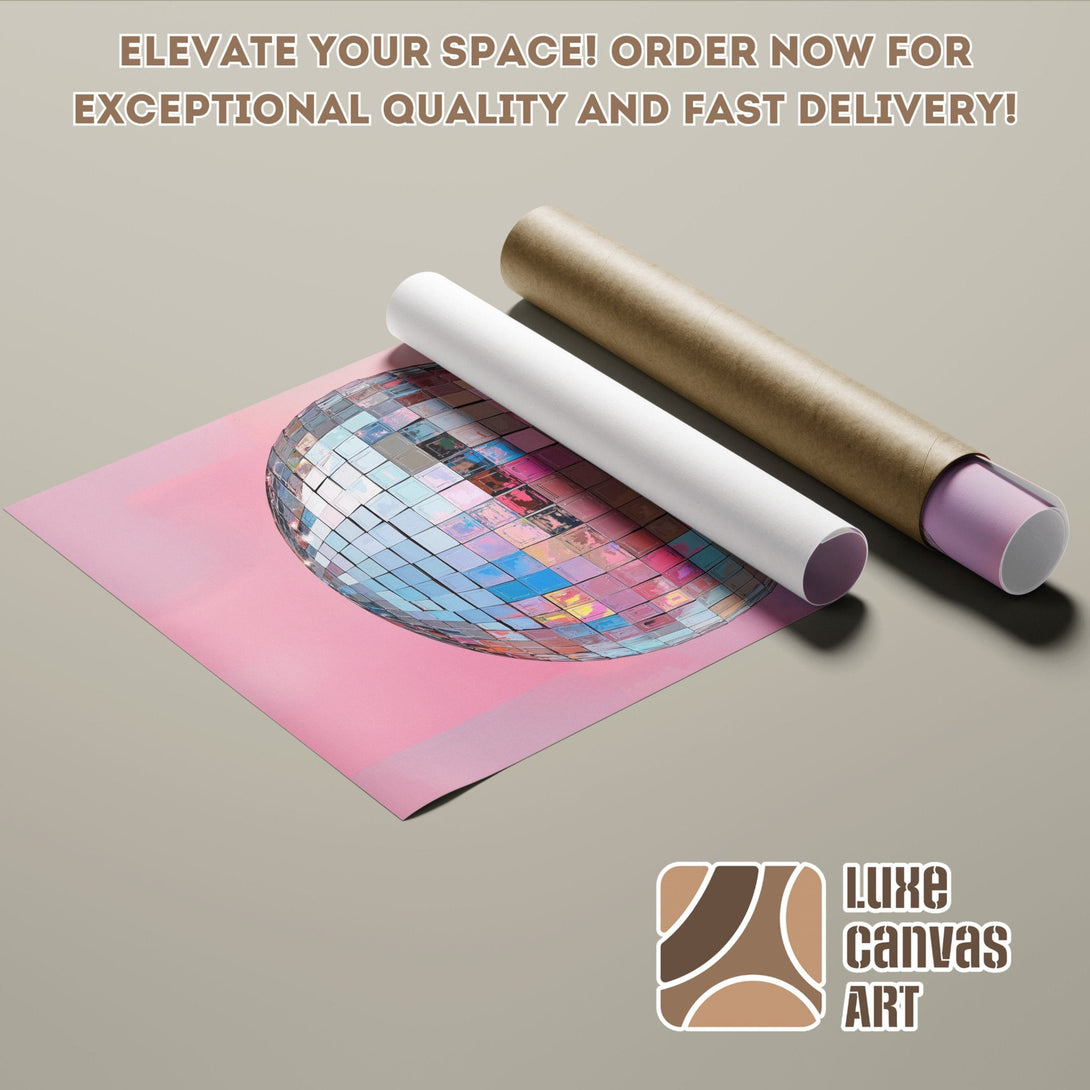Poster Roll featuring a disco ball design, modern style, and a pink, blue, and neutral color palette.