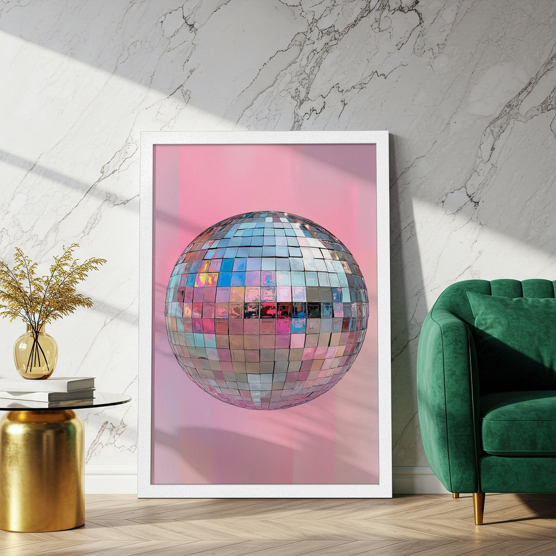 Framed Poster featuring a disco ball design. Modern art style with a pink and silver color palette. Perfect for adding a touch of glam to your space!