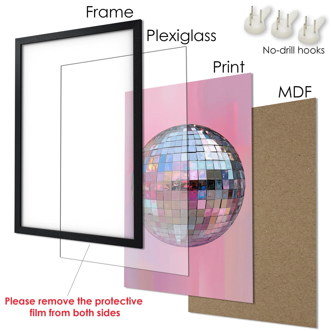 Framed Poster featuring a disco ball design in a pink and silver color palette. Perfect wall art!