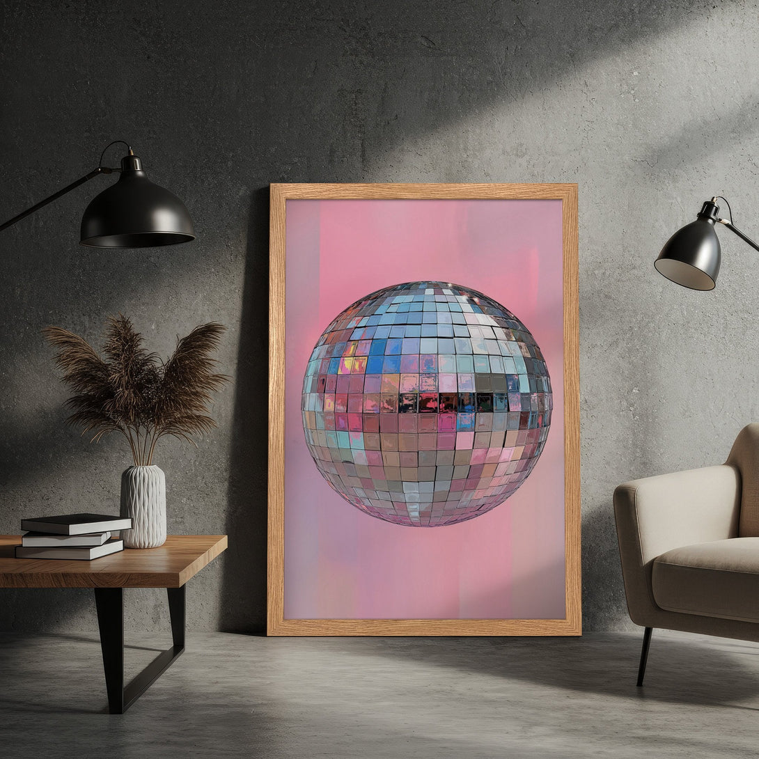 Framed Poster featuring a disco ball design. Modern art style with a pink & silver color palette. Add a touch of retro glam to your space!