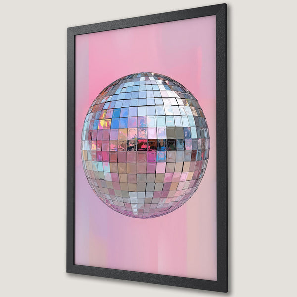 Framed Poster featuring a disco ball against a pink backdrop. Modern art style with a vibrant, pastel color palette. Perfect wall decor!