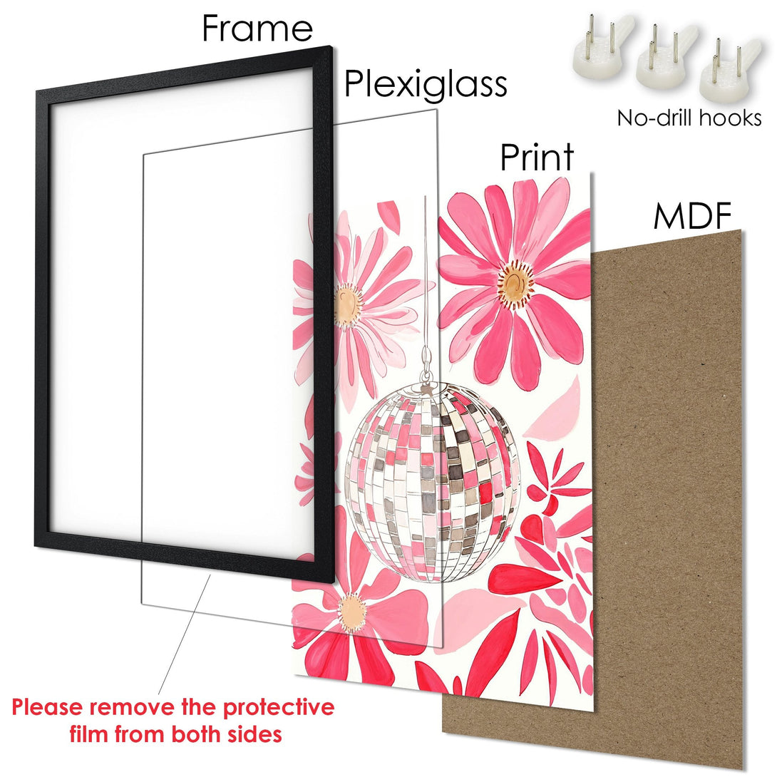 Framed Poster featuring a disco ball and floral design in a pink and red color palette. Perfect wall art!