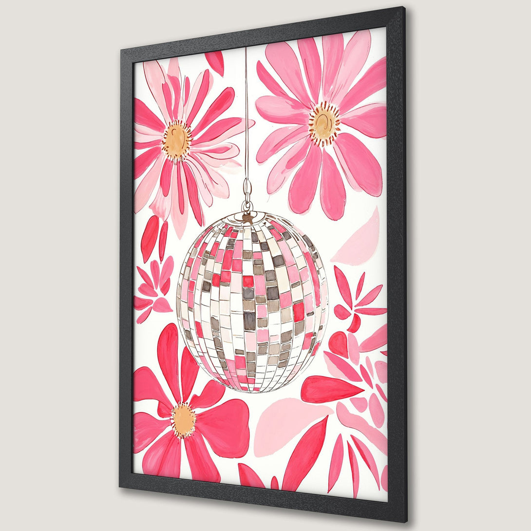 Framed Poster featuring a disco ball and floral design in a watercolor style with a pink color palette. Perfect wall art.