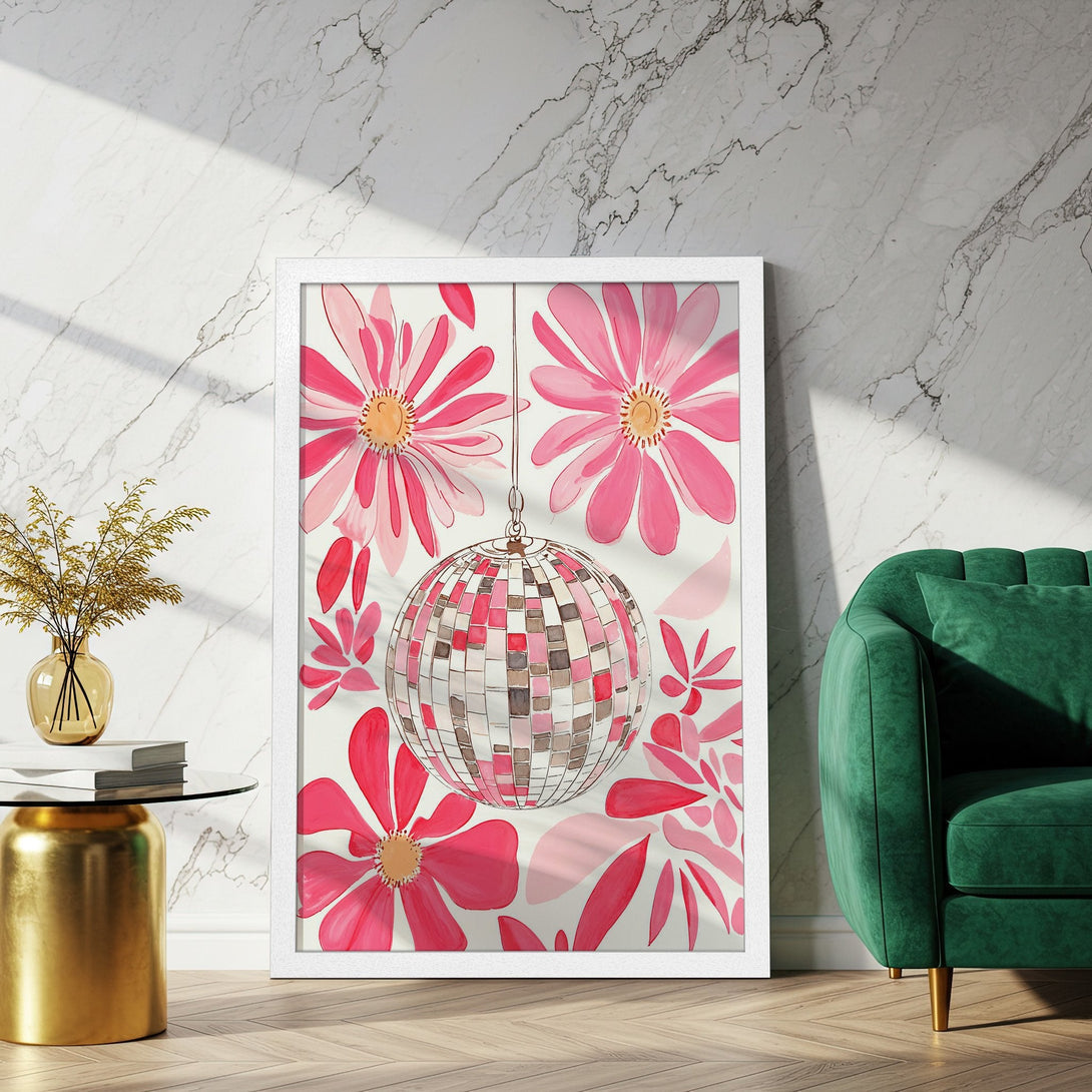 Framed Poster featuring a watercolor floral design with a disco ball. Pink and red color palette, perfect for adding a pop of color to any room.