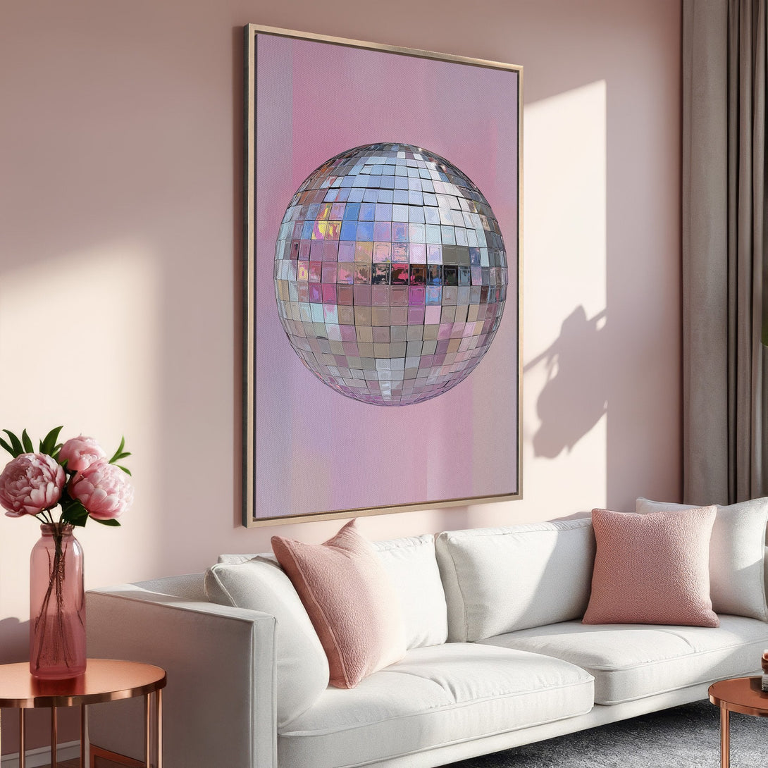 Framed Wall Art: Disco ball art print in a blush pink interior. Modern, colorful decor with a pastel color palette. Perfect for adding a pop of fun!