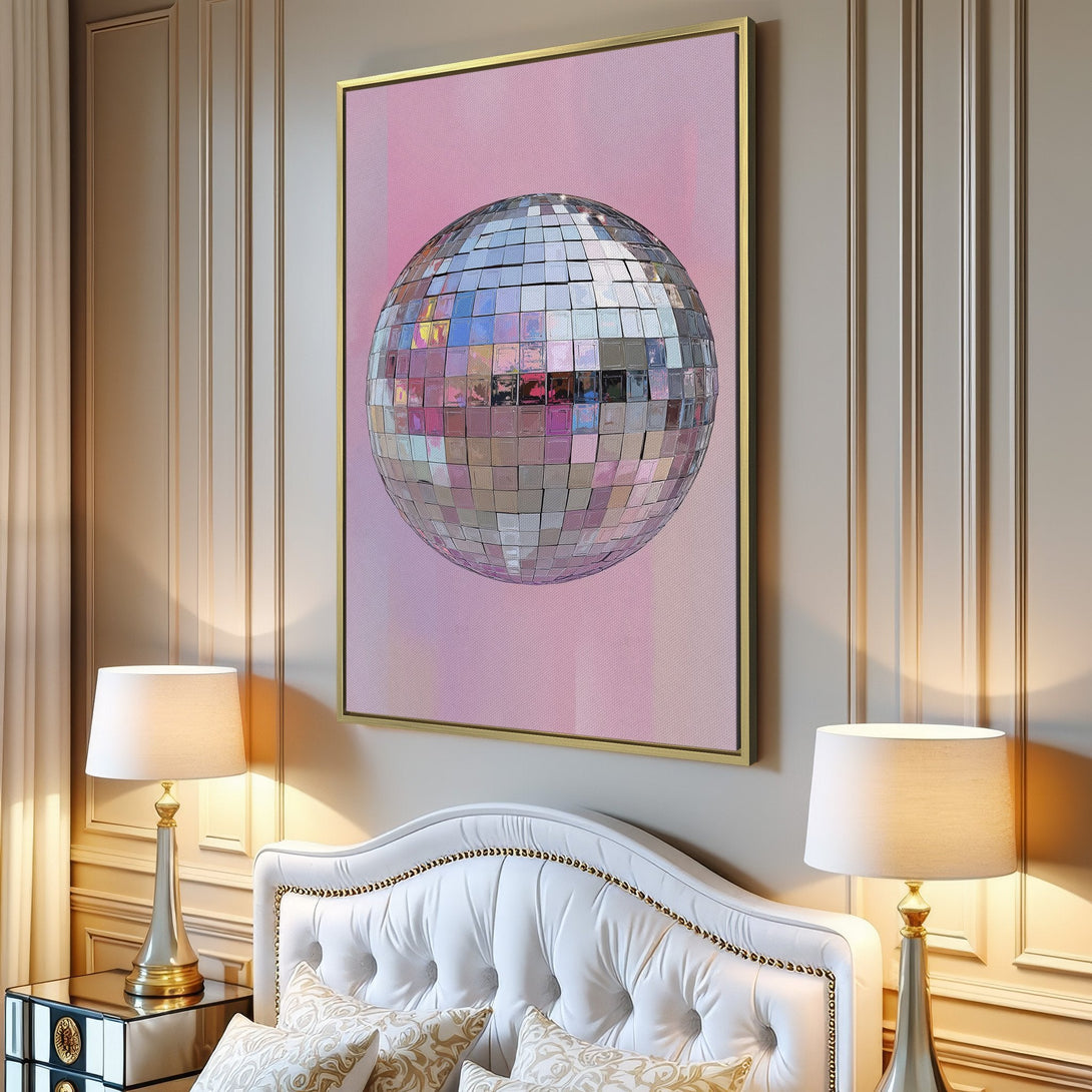 Canvas Print: Disco ball art in a modern interior. Pink and silver color palette. Add a touch of retro glam to your space!