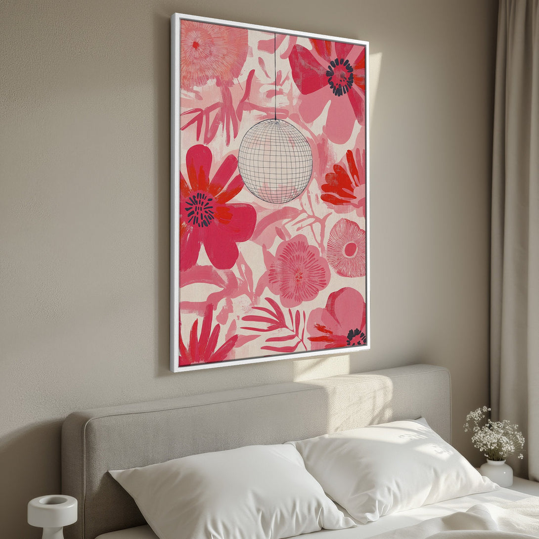 Framed Wall Art featuring a vibrant floral design in pink hues. Modern, stylish canvas print perfect for adding a pop of color to any room.