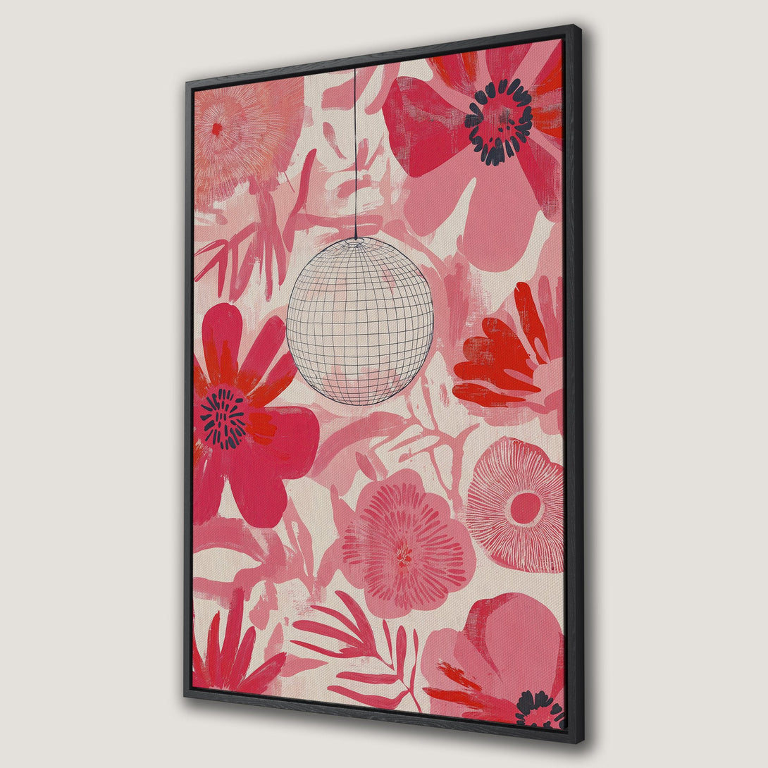 Framed Wall Art featuring a vibrant floral pattern in pink and red hues. Modern, stylish canvas print with a retro disco ball design. Perfect wall decor!