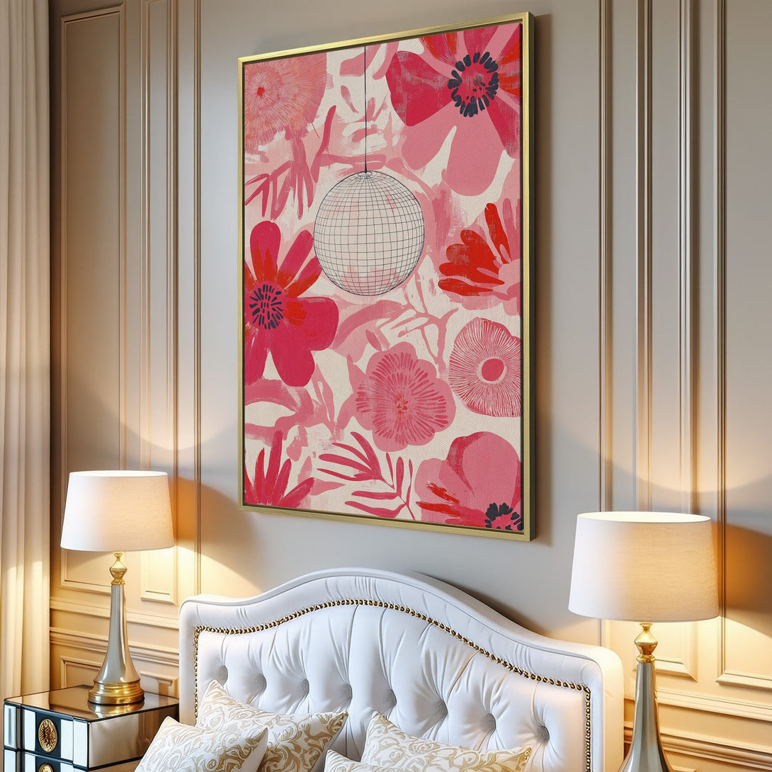 Canvas Print: Floral art in pink & red hues. Bohemian style wall art with a disco ball accent, perfect for adding a pop of color to your space.