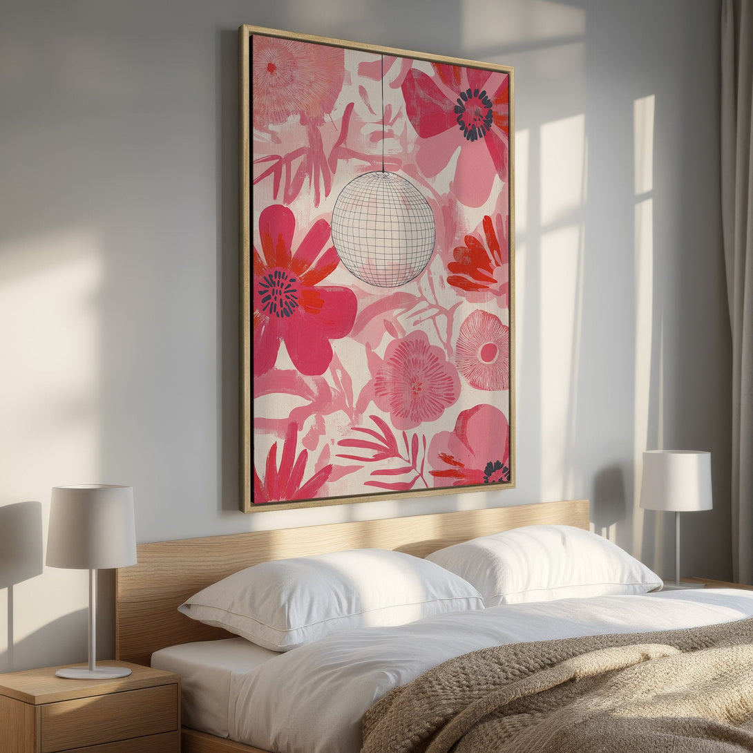 Framed Wall Art: Floral print with disco ball, in a pink color palette. Modern art for bedroom decor. Add a pop of color to your space!