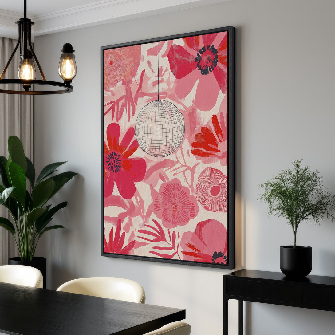 Framed Wall Art: Bold pink floral Canvas Print in a modern dining room. Adds a pop of color and style. Shop now for unique wall decor!