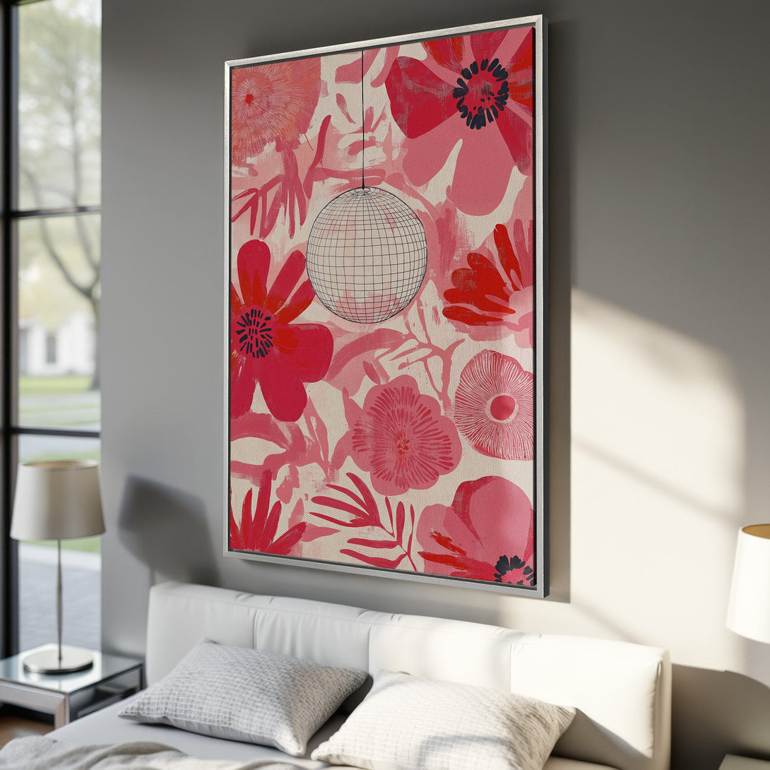 Framed Wall Art: Vibrant floral print in pink and red hues. Modern canvas art adds a pop of color to any room. Shop now for stylish wall decor!