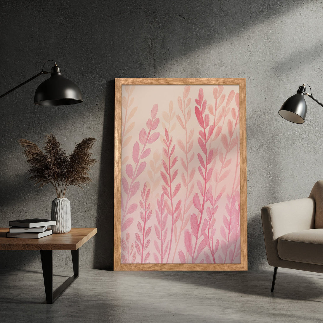 Framed Poster featuring watercolor leaves in pink hues. Perfect wall art for a modern, calming aesthetic. Add a touch of nature to your space!