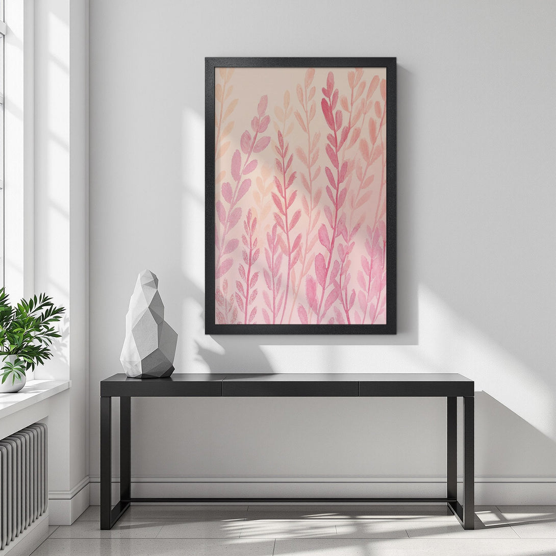 Framed Poster featuring watercolor botanical art in pink and peach tones, perfect for adding a touch of elegance to your space.