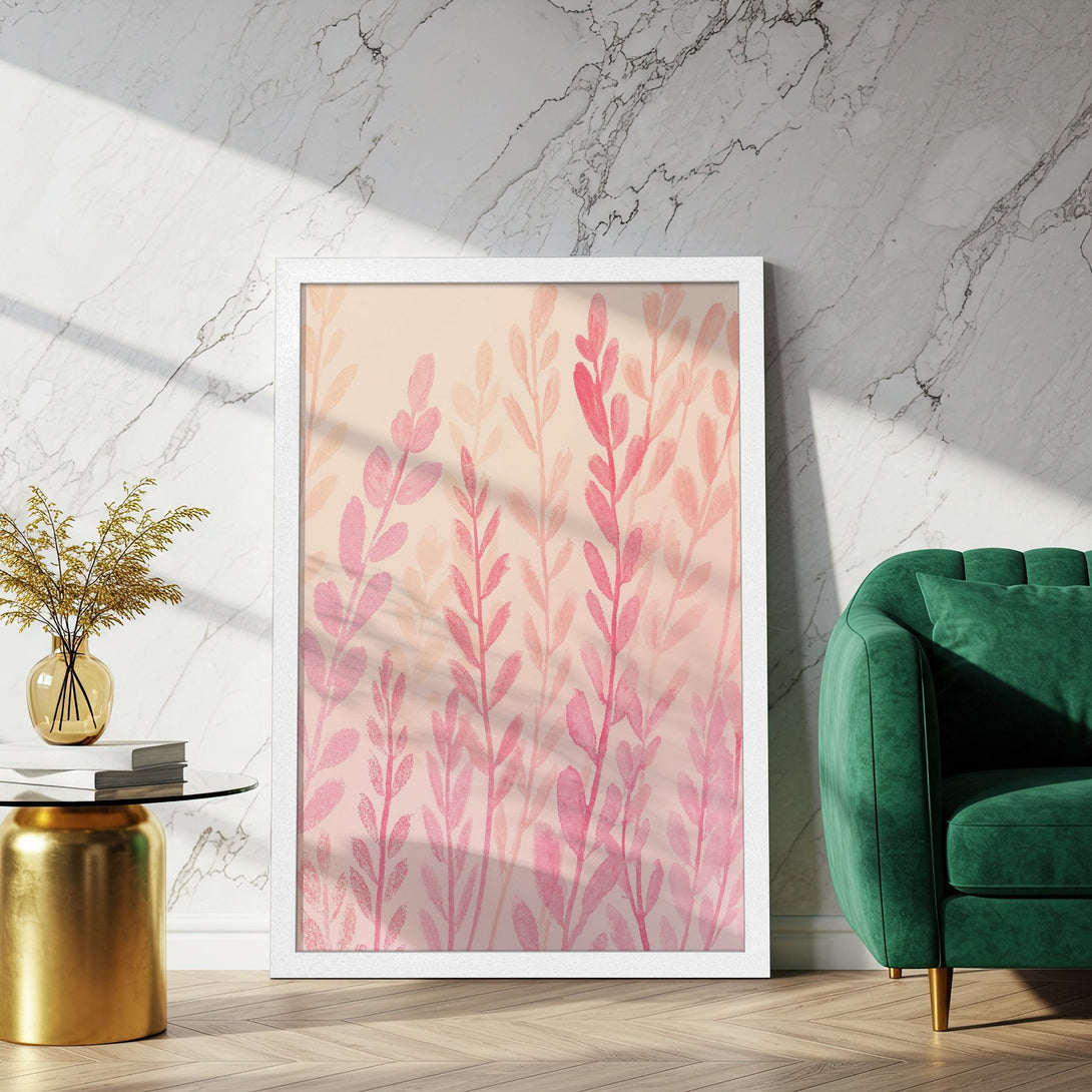 Framed Poster featuring watercolor style pink leaves, perfect for adding a touch of elegance to your home decor. Soft pink and peach palette.