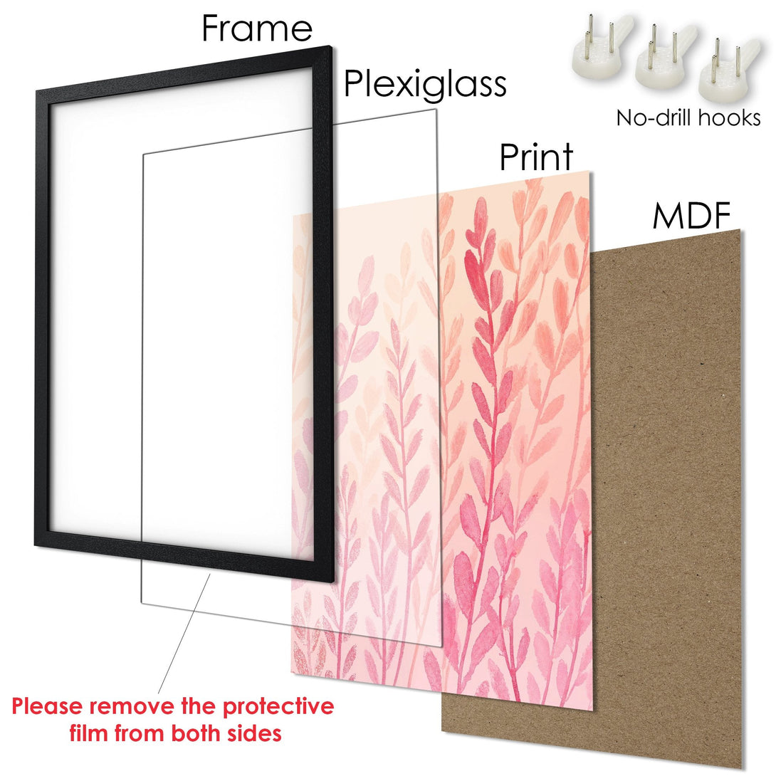Framed Poster with watercolor botanical art in pink and peach tones. Modern wall decor.