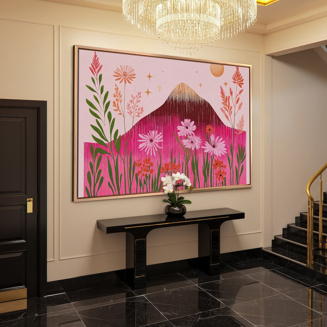 Framed Wall Art featuring a vibrant floral landscape in pink and orange hues. Adds a touch of modern art to any interior.