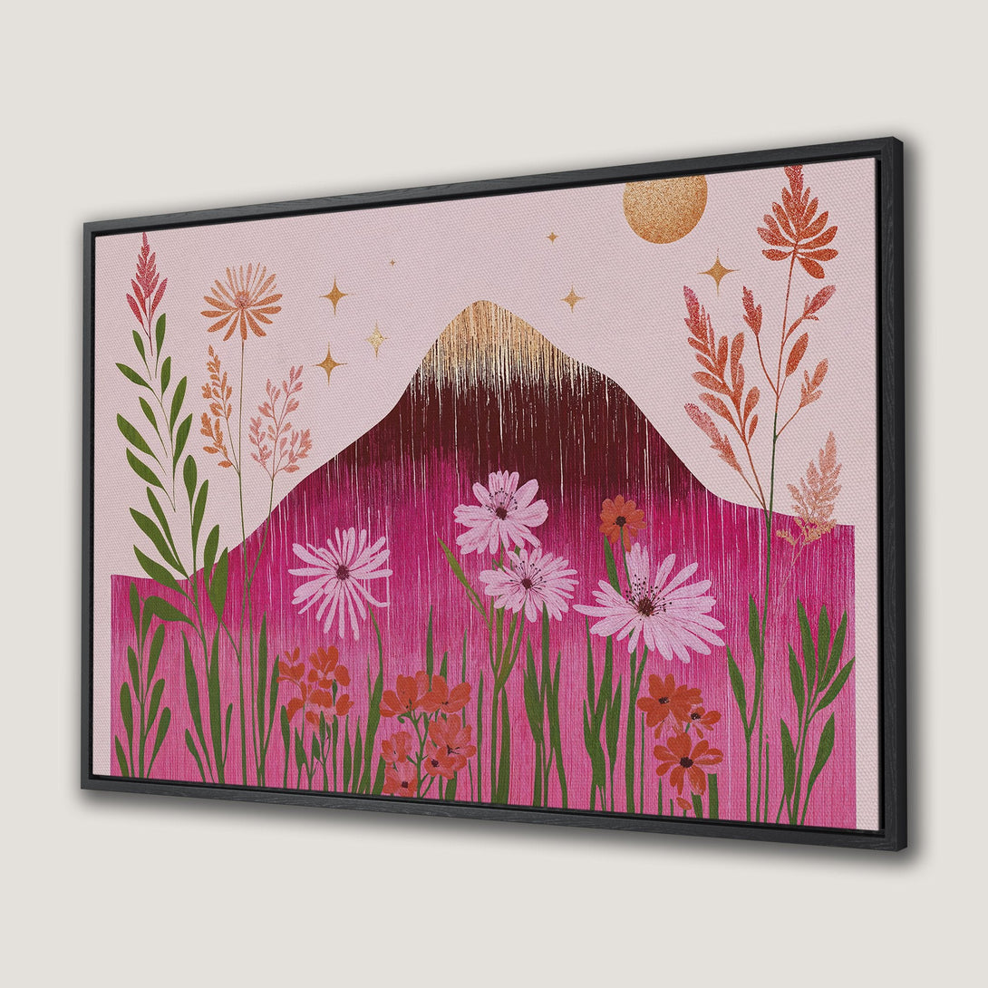 Framed Wall Art: Floral mountain landscape in pink, gold, and orange. Bohemian style canvas print for modern home decor.