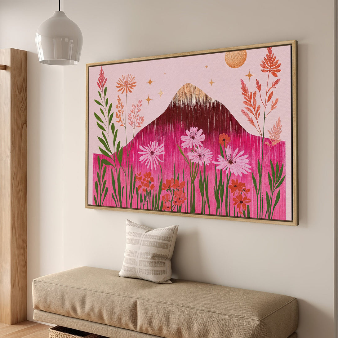 Framed Wall Art featuring a vibrant pink floral mountain landscape. Modern, colorful canvas print with pink, orange, and green hues. Perfect for adding style to any room!