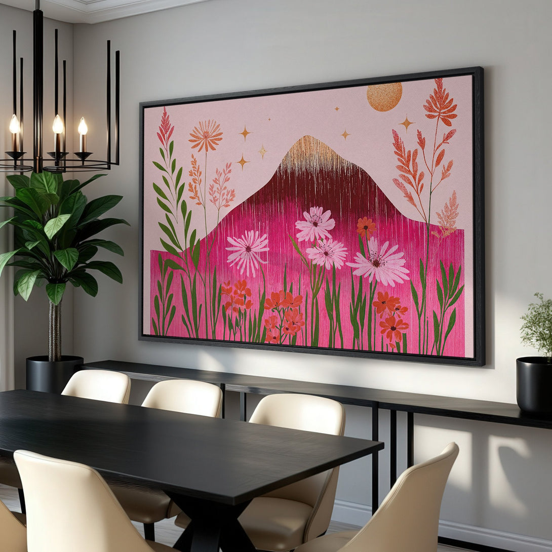 Framed Wall Art: Abstract floral canvas print in pink, orange, and green. Modern art for dining room decor.