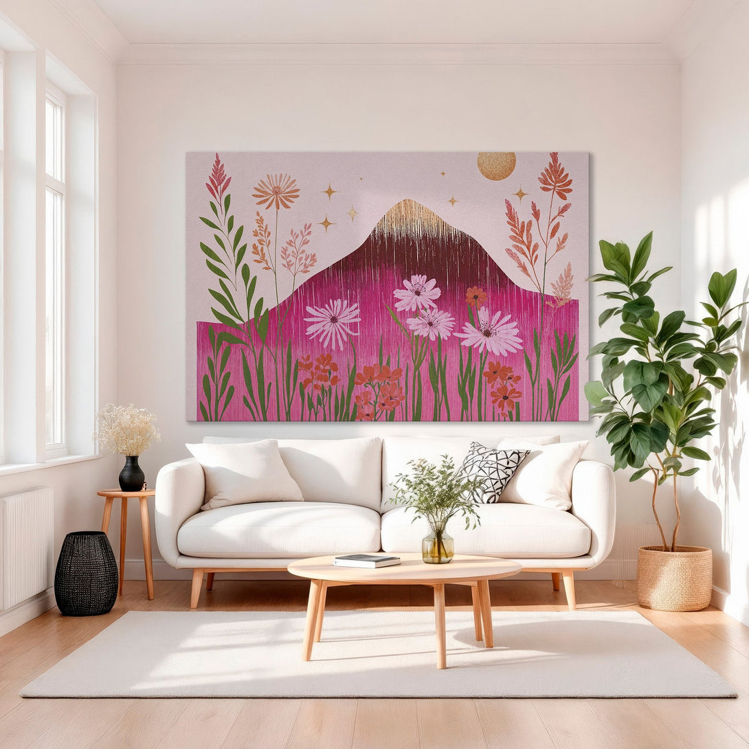 Framed Wall Art: Abstract landscape Canvas Print in pink, gold, and green. Modern art for home decor.