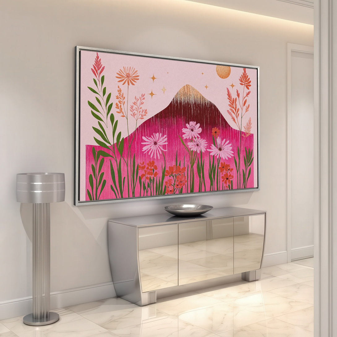 Framed Wall Art featuring a floral landscape in pinks, oranges, and greens. Modern, stylish Canvas Print adds a pop of color to any interior.