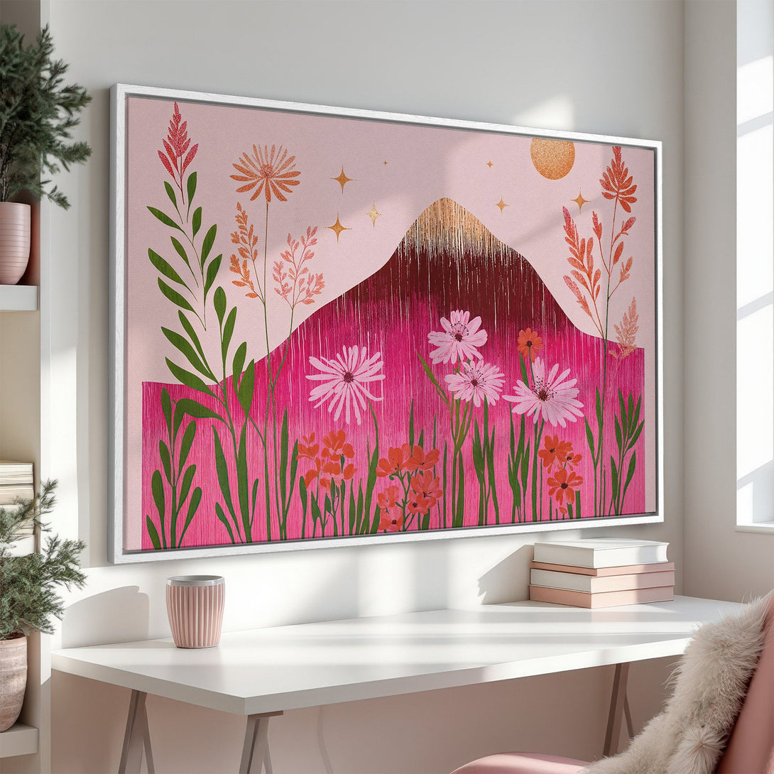 Canvas Print with abstract floral art in pink, red, and gold. Modern style framed wall art to brighten any space.