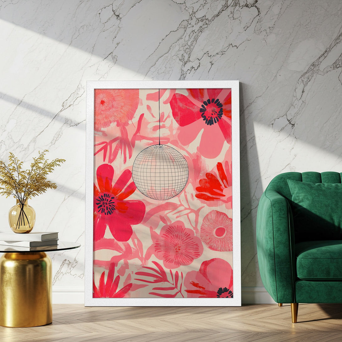 Framed Poster featuring a floral design with a disco ball, in a vibrant pink color palette. Perfect wall art!