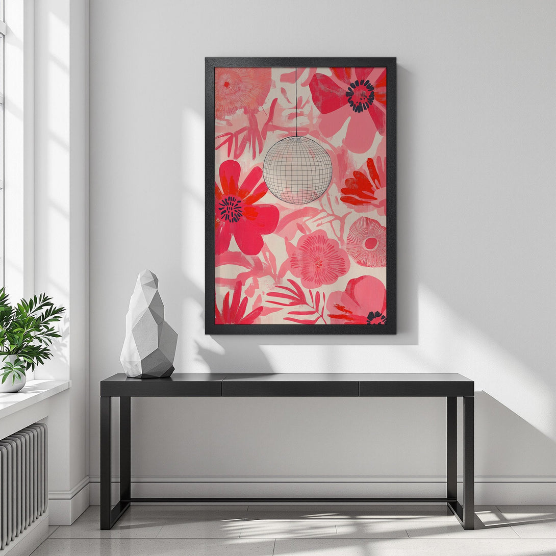 Framed Poster featuring a floral design with a disco ball, in a pink and red color palette. Modern art for your home!