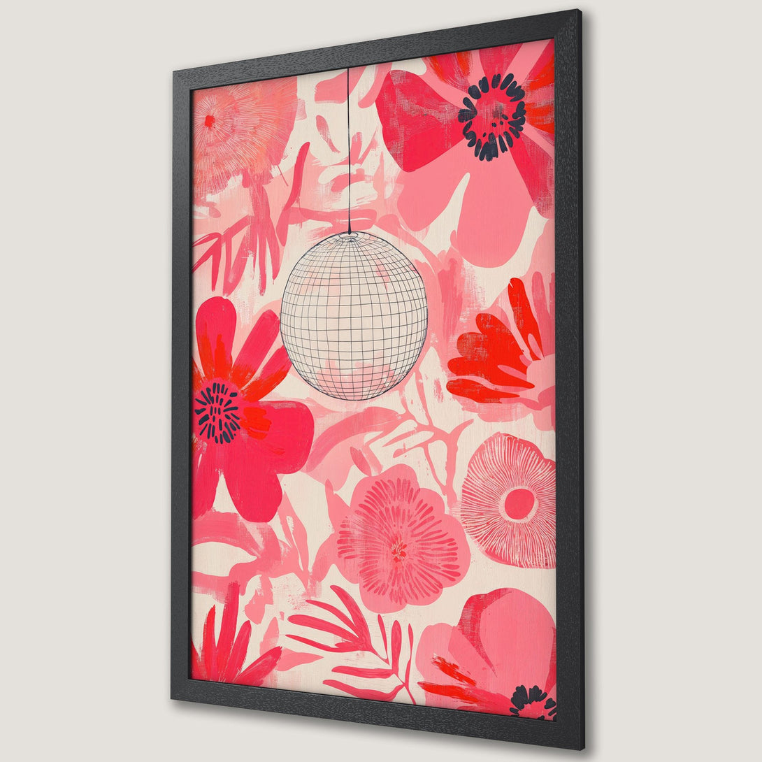 Framed Poster featuring floral design with a disco ball, in a vibrant pink and red color palette. Perfect wall art for any room!