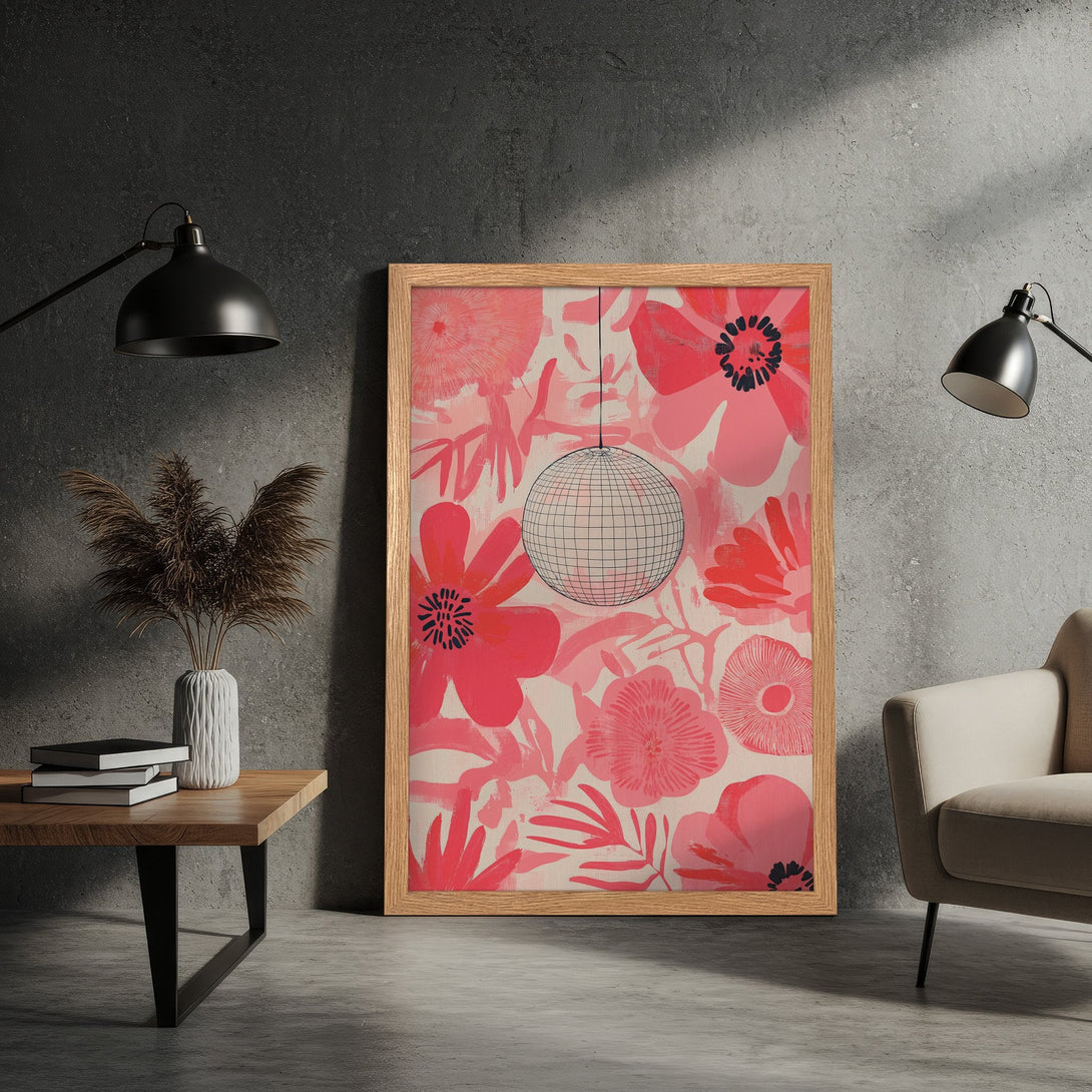 Framed Poster featuring a floral design in pink hues. Modern art style, perfect for home decor. Get yours today!