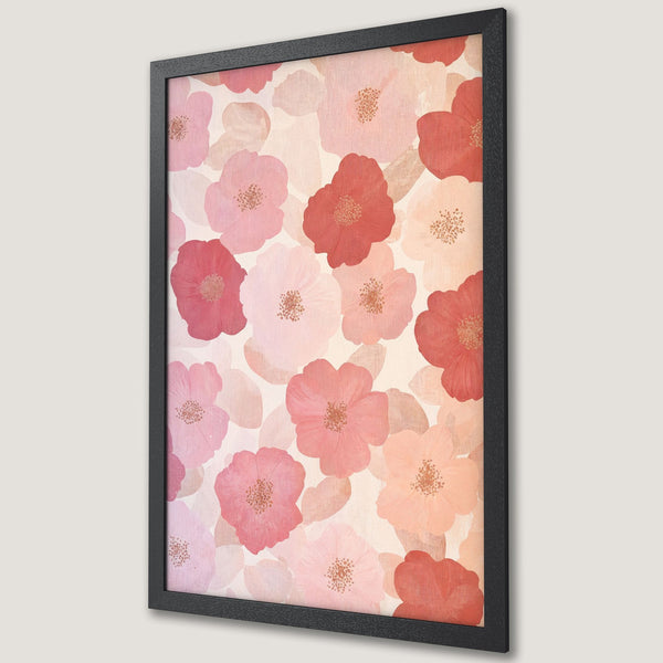 Framed Poster featuring floral art in a soft, watercolor style with a warm pink and coral color palette. Perfect wall decor!