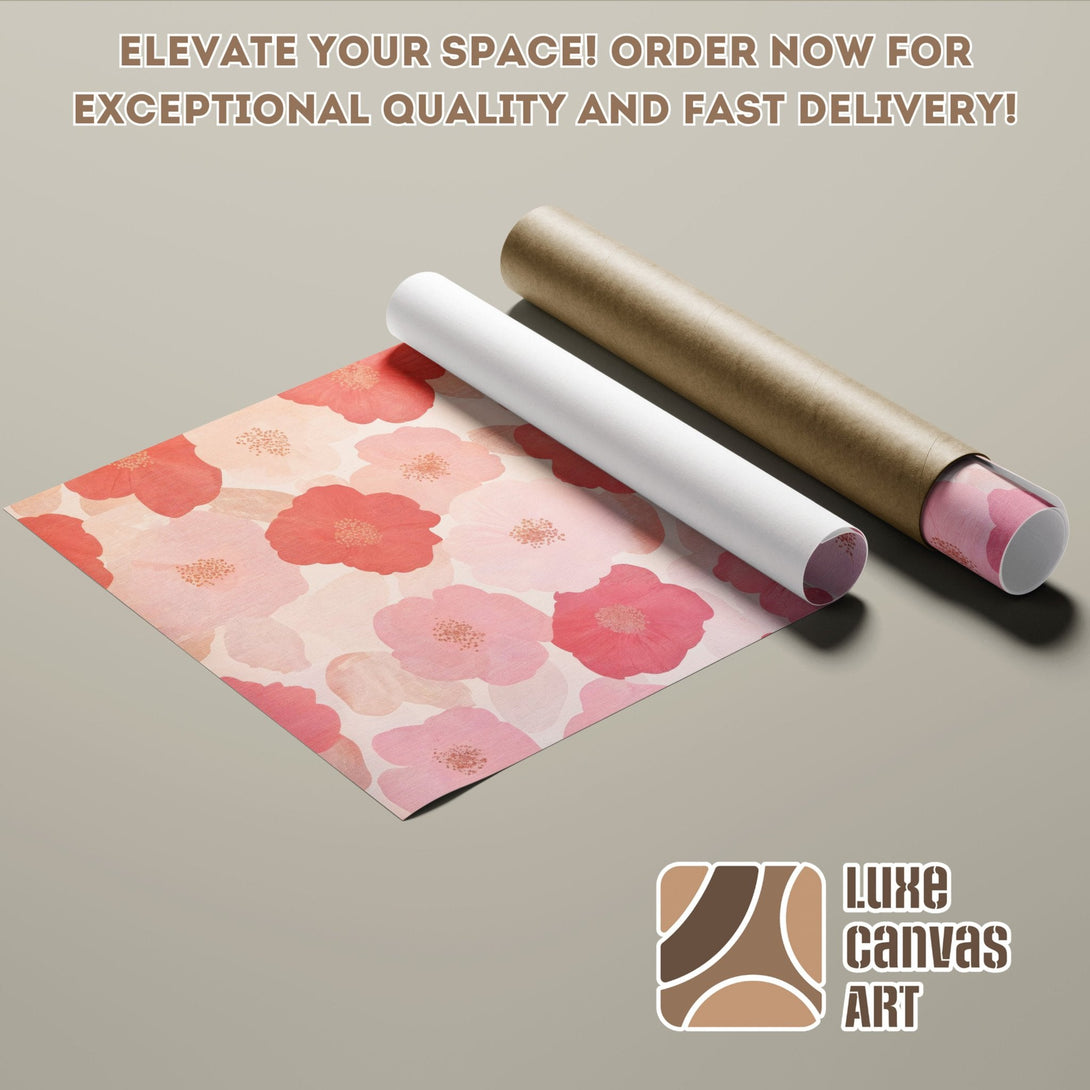 Poster Roll featuring floral art in a soft pink and red color palette. Elevate your space with this beautiful art print!