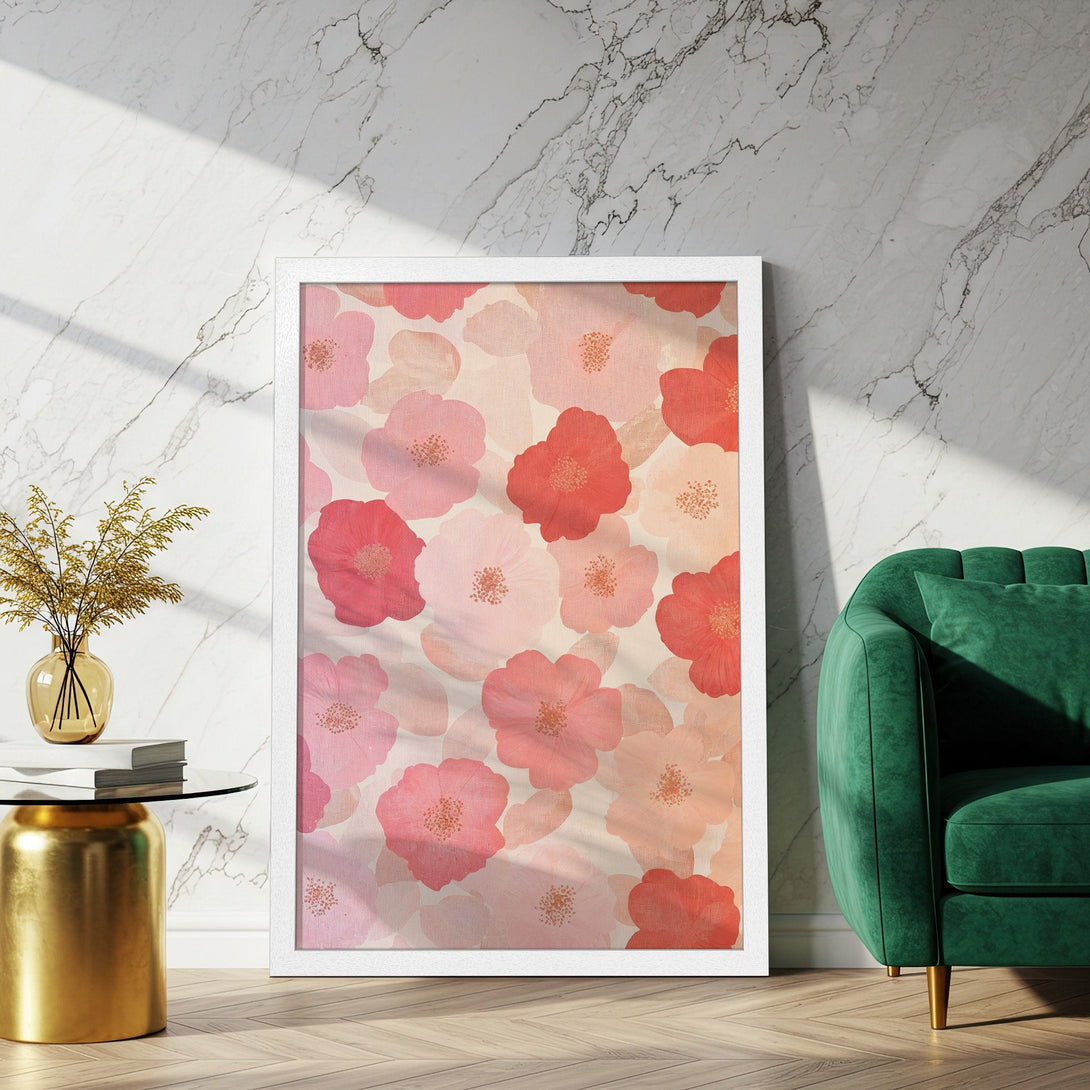 Framed Poster featuring floral art in a soft, painterly style with a warm pink and peach color palette. Perfect for adding a touch of elegance!