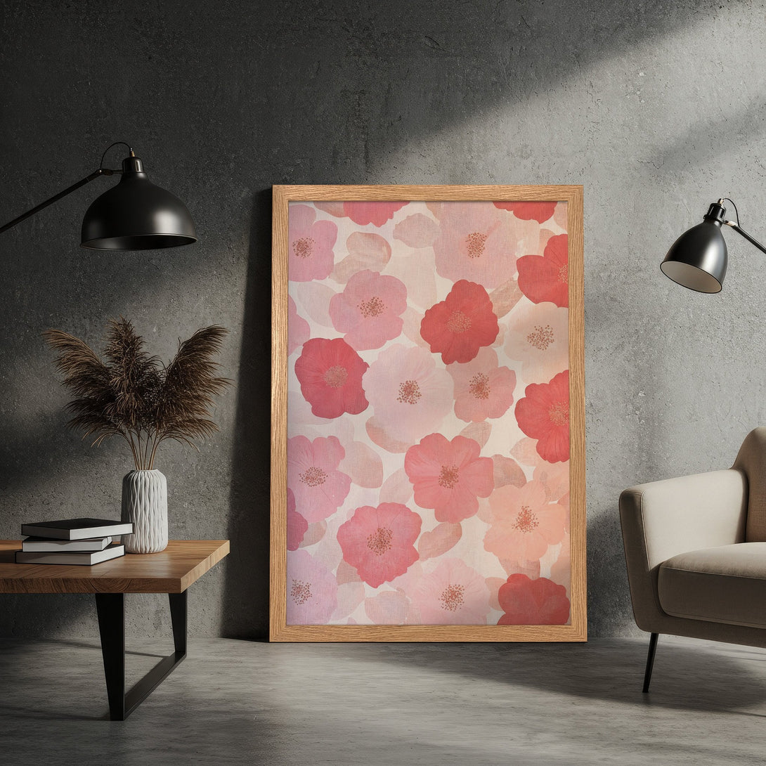 Framed Poster featuring watercolor floral art in pink and peach tones. Perfect wall decor for a modern aesthetic.