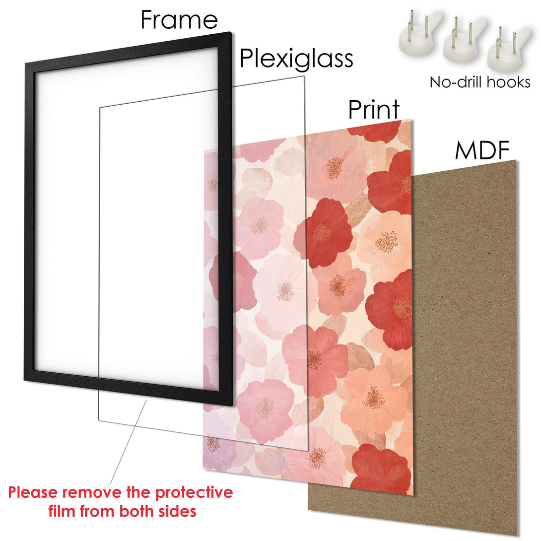 Framed Poster featuring floral art in a soft, watercolor style with a warm, pink and red color palette. Perfect wall decor!