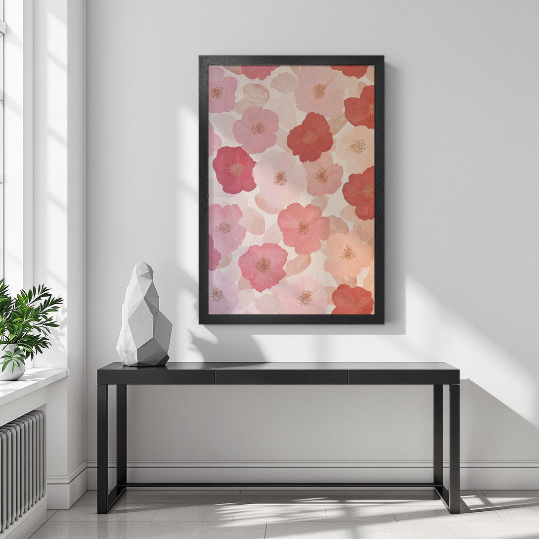 Framed Poster featuring floral art in a soft pink and red color palette. Perfect for adding a touch of elegance to any space.