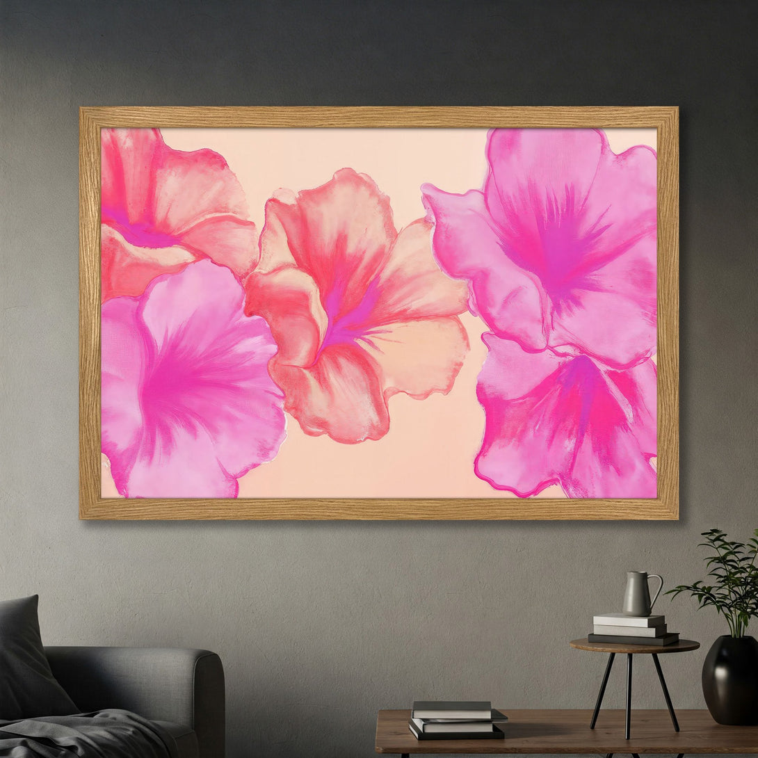Framed Poster featuring vibrant pink abstract floral art. Modern style, perfect for adding a pop of color to any space.