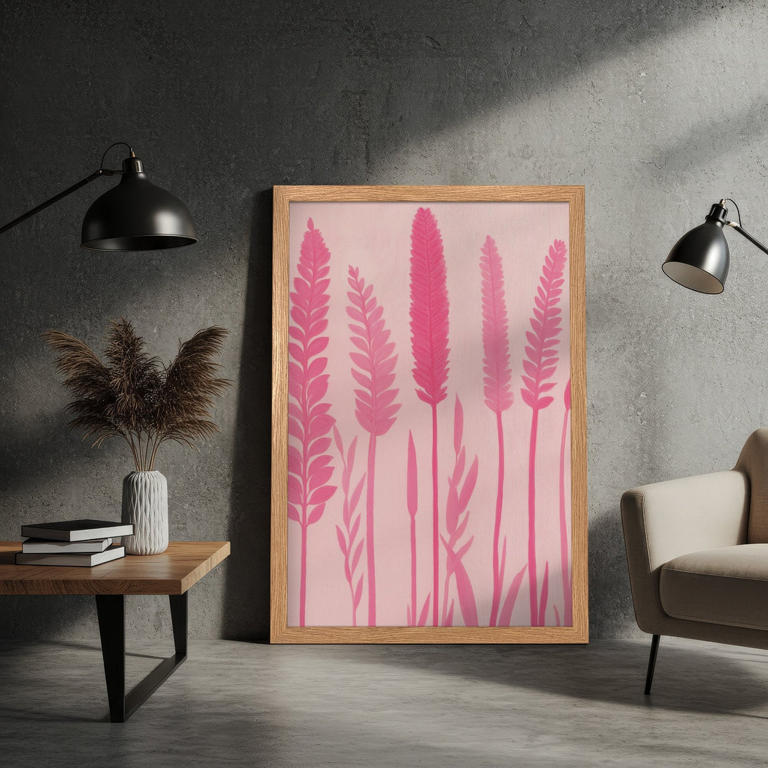 Framed Poster featuring pink botanical art. Modern style with a soft pink color palette, perfect for adding a touch of elegance to any space.